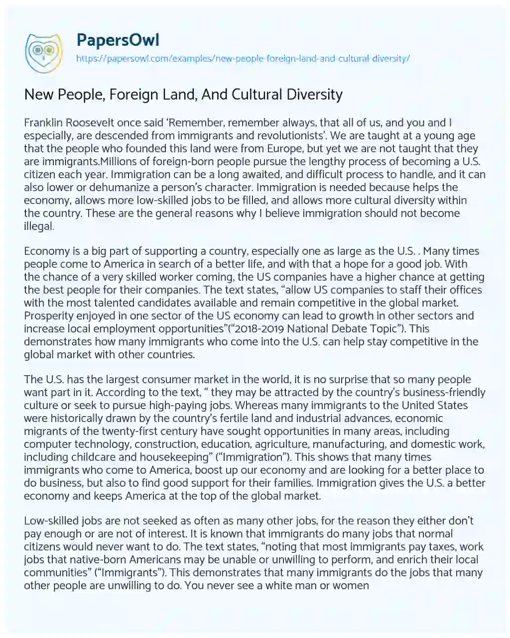Essay on New People, Foreign Land, and Cultural Diversity