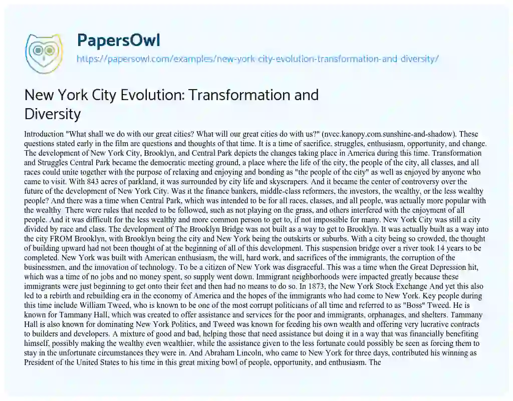 Essay on New York City Evolution: Transformation and Diversity