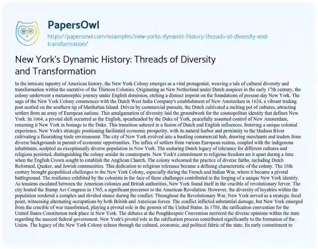 Essay on New York’s Dynamic History: Threads of Diversity and Transformation