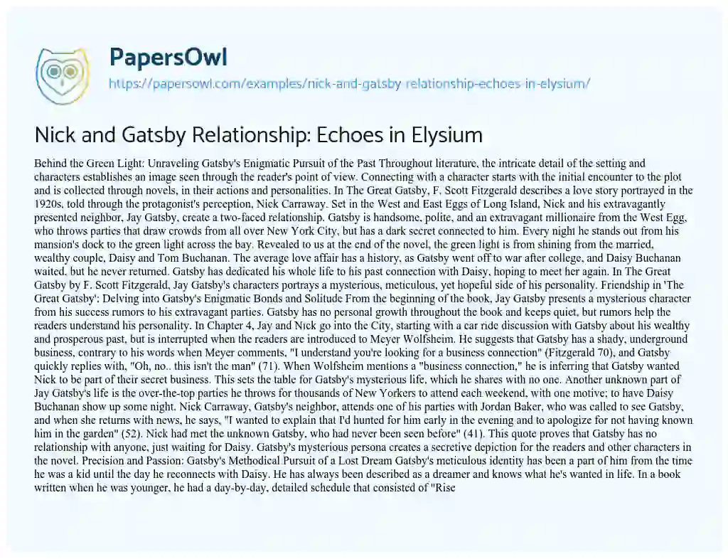 Essay on Nick and Gatsby Relationship: Echoes in Elysium