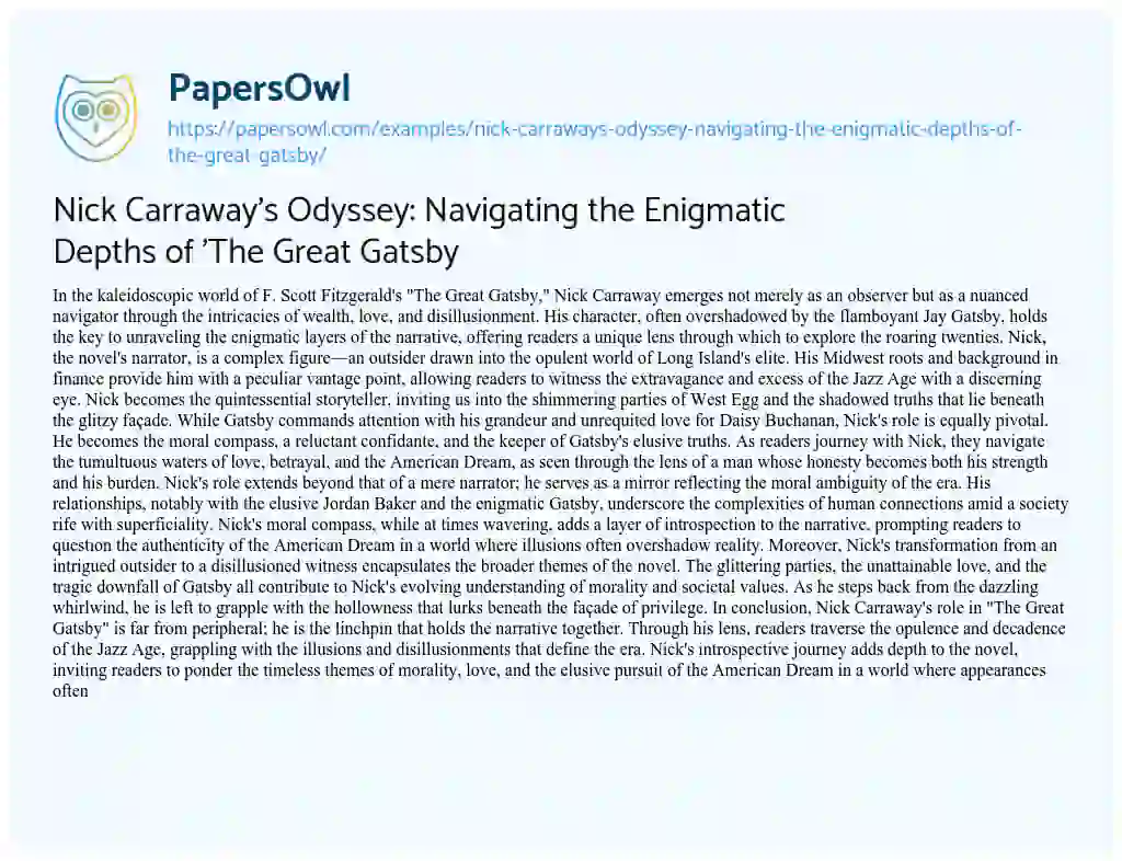 Essay on Nick Carraway’s Odyssey: Navigating the Enigmatic Depths of ‘The Great Gatsby