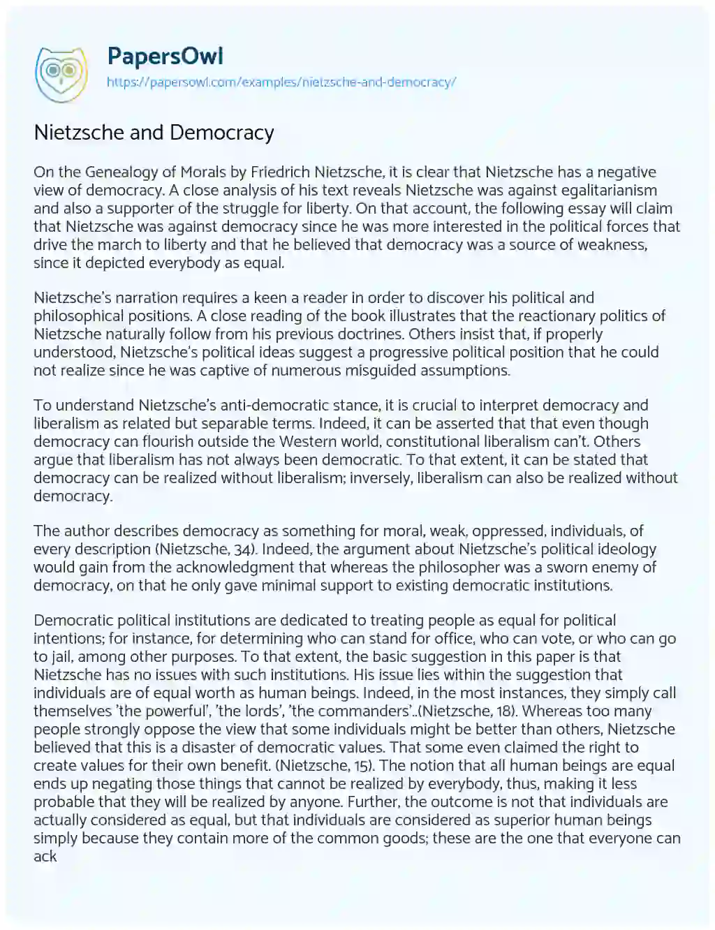 Essay on Nietzsche and Democracy