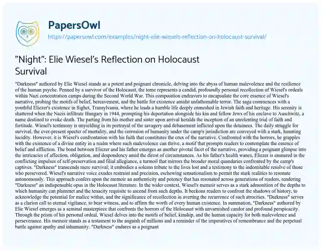 Essay on “Night”: Elie Wiesel’s Reflection on Holocaust Survival