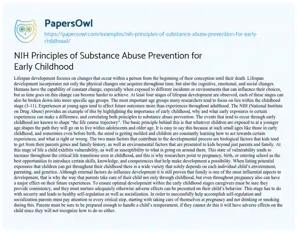 Essay on NIH Principles of Substance Abuse Prevention for Early Childhood