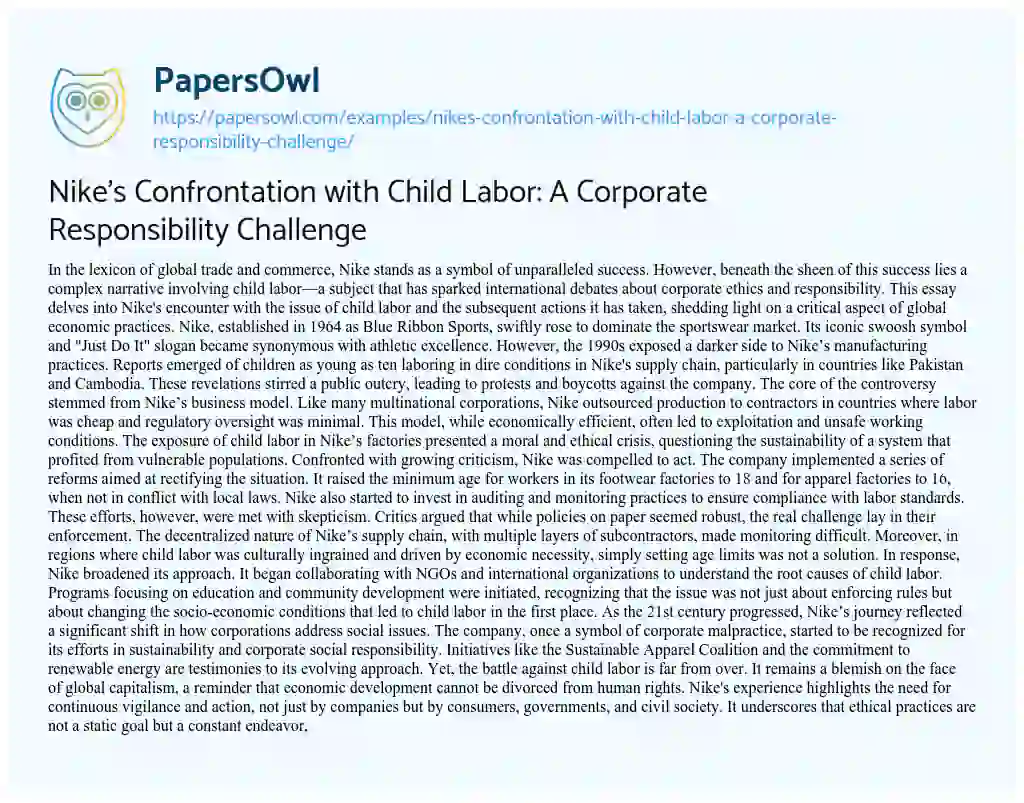 Essay on Nike’s Confrontation with Child Labor: a Corporate Responsibility Challenge