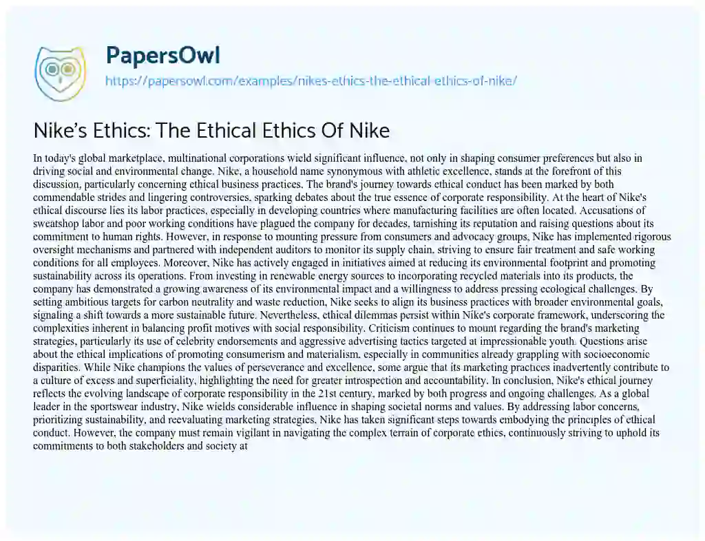 Essay on Nike’s Ethics: the Ethical Ethics of Nike