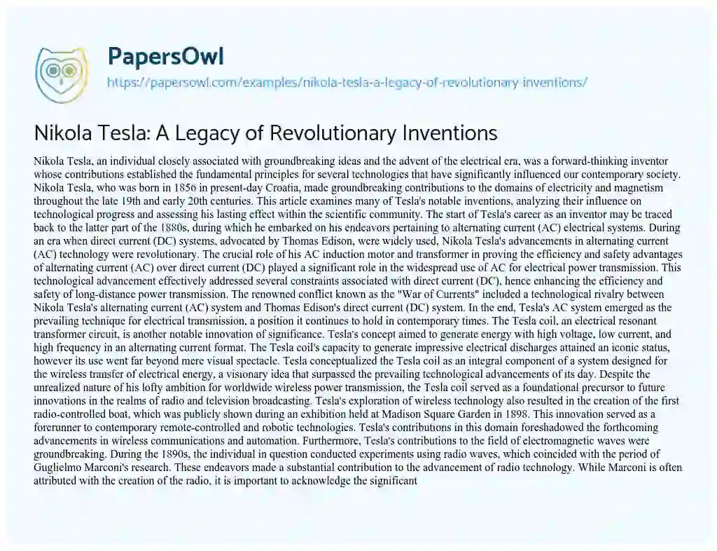 Essay on Nikola Tesla: a Legacy of Revolutionary Inventions