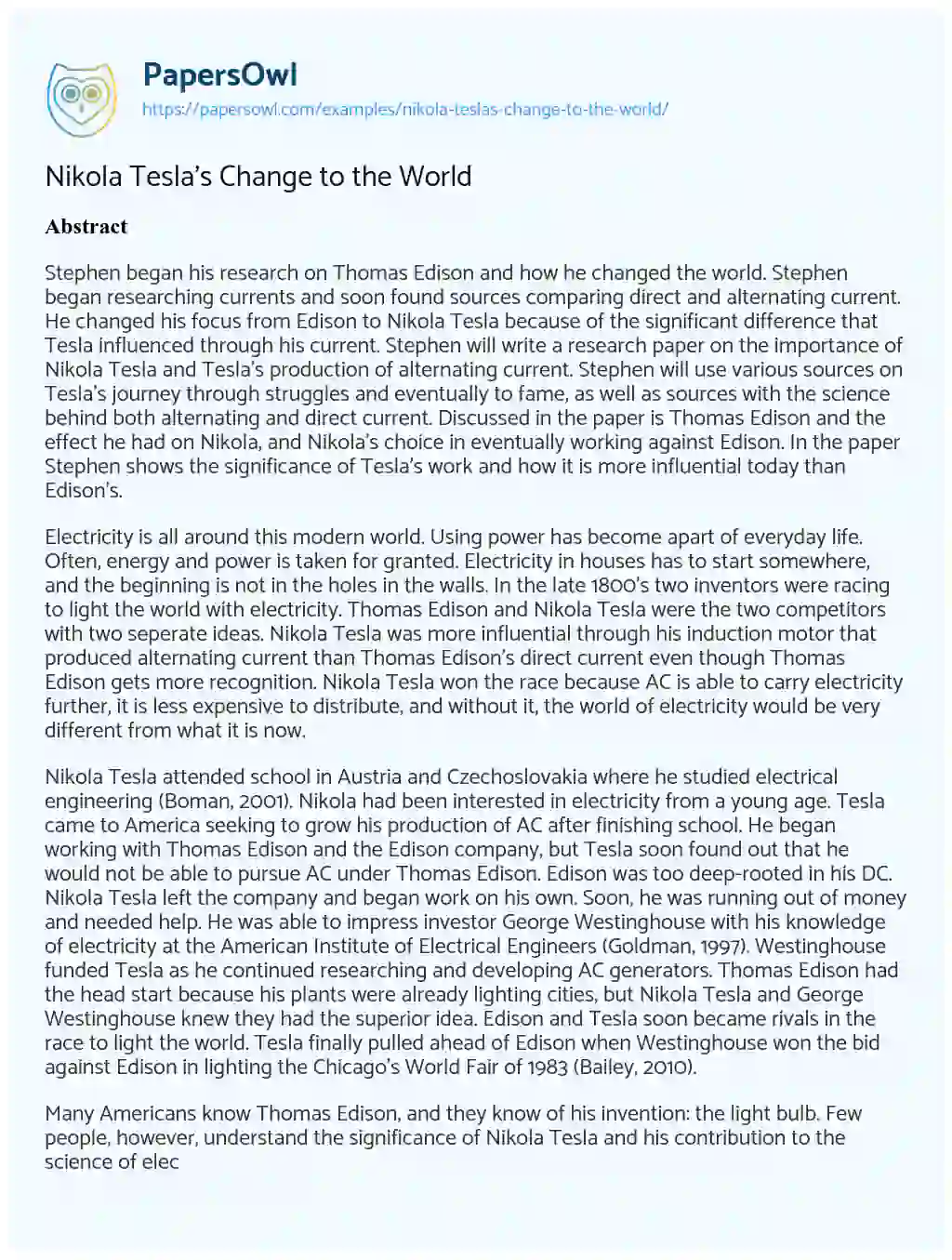 Nikola Tesla’s Change to the World essay