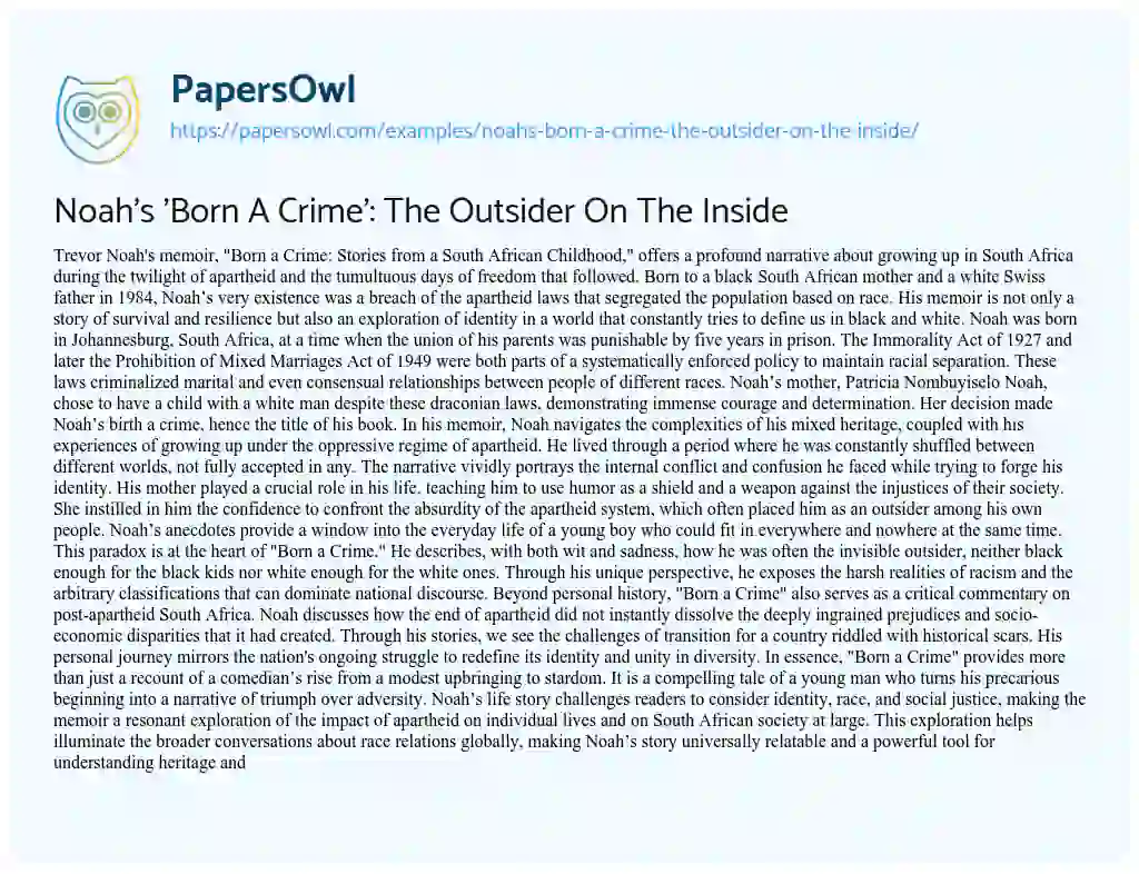 Essay on Noah’s ‘Born a Crime’: the Outsider on the Inside