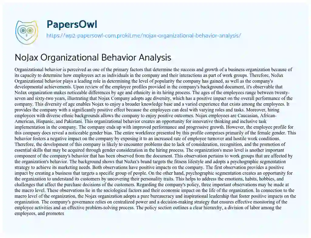 Essay on NoJax Organizational Behavior Analysis