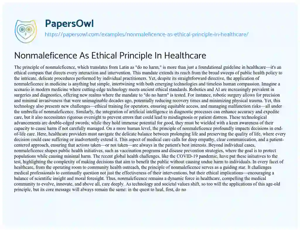 Essay on Nonmaleficence as Ethical Principle in Healthcare