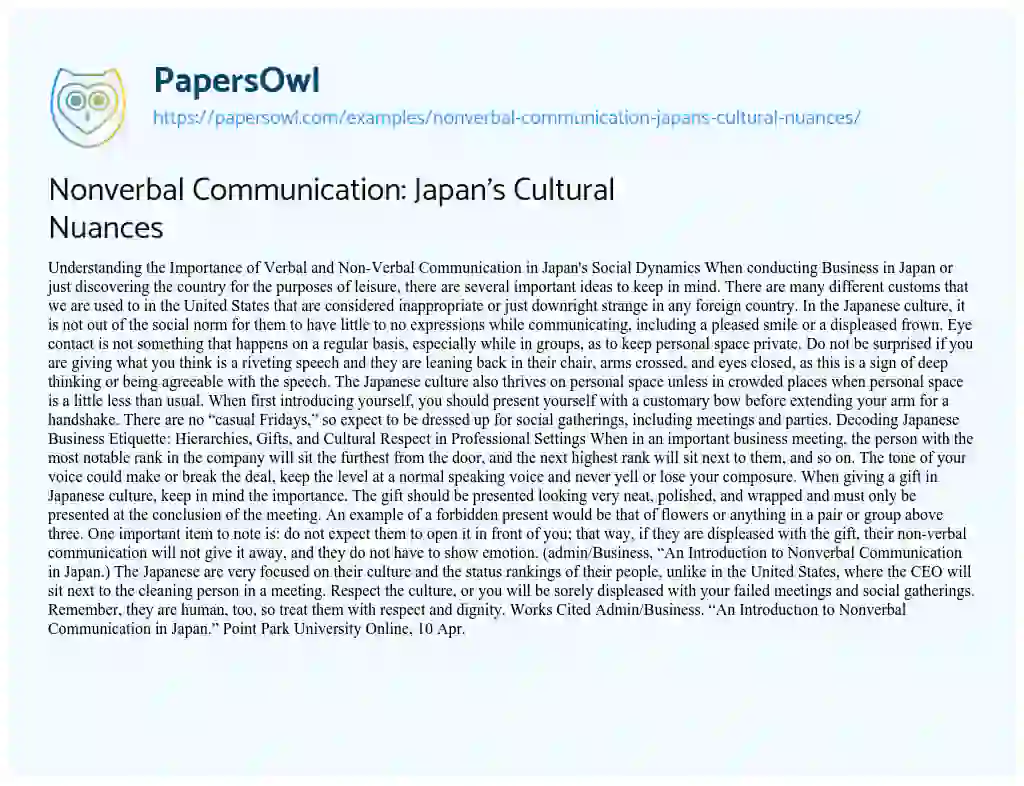 Essay on Nonverbal Communication: Japan’s Cultural Nuances