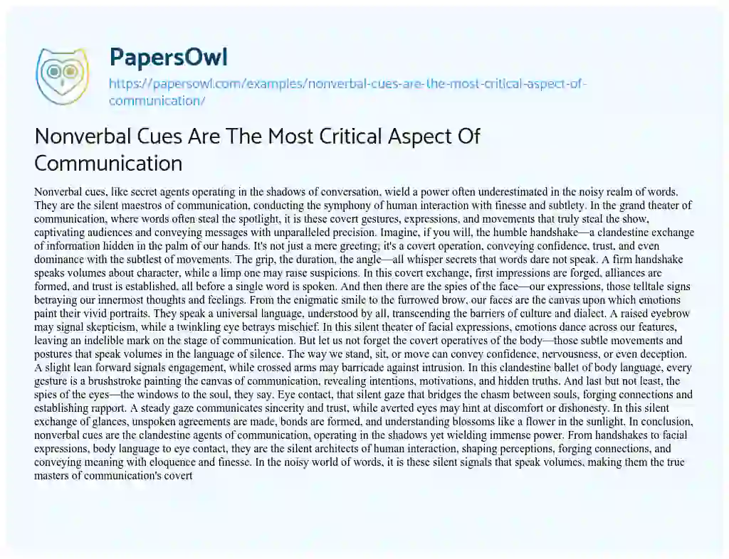 Essay on Nonverbal Cues are the most Critical Aspect of Communication