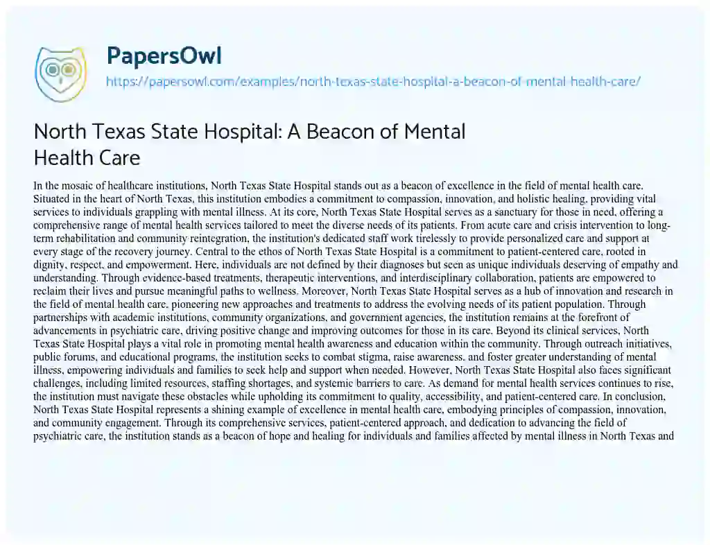 Essay on North Texas State Hospital: a Beacon of Mental Health Care
