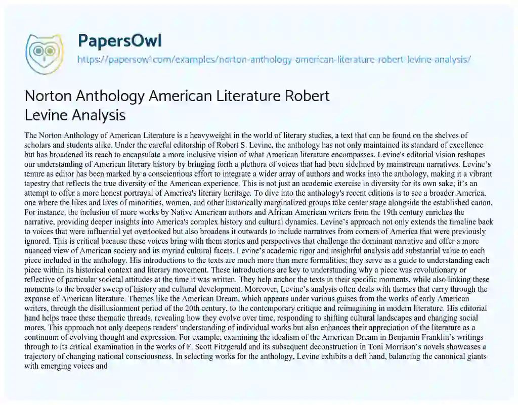 Essay on Norton Anthology American Literature Robert Levine Analysis