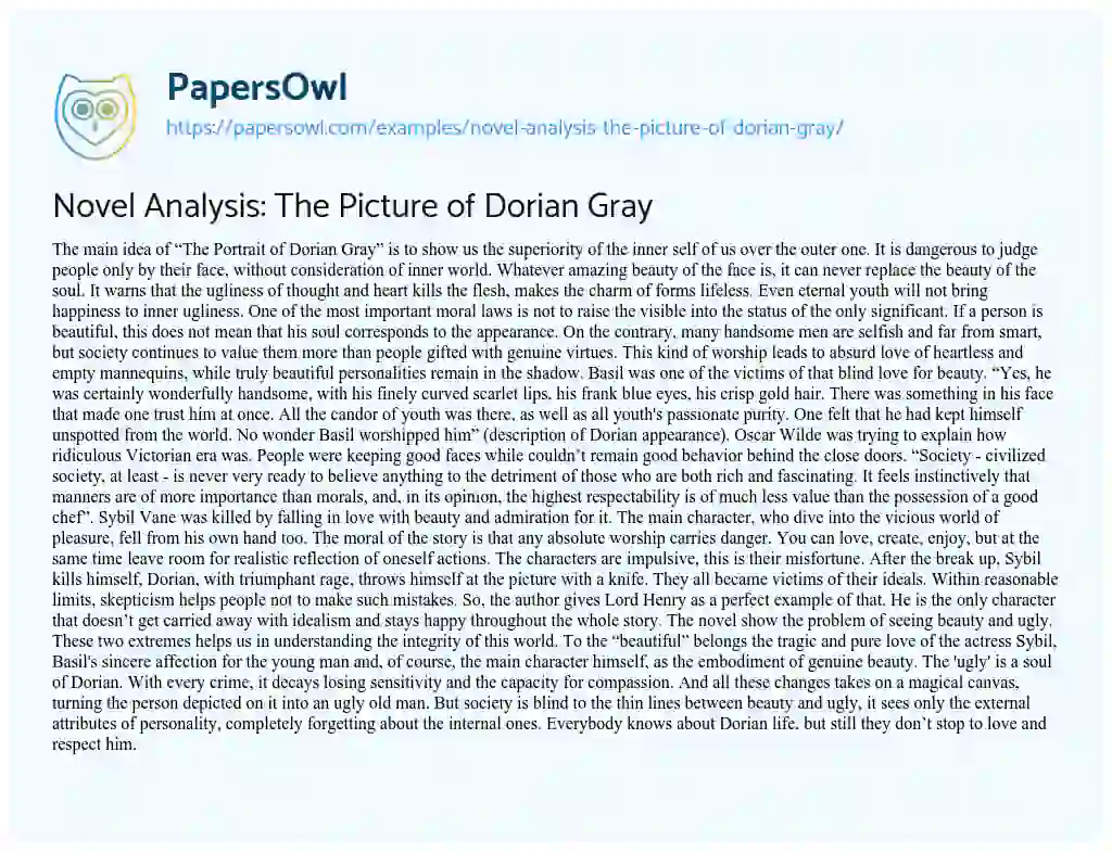 Essay on Novel Analysis: the Picture of Dorian Gray