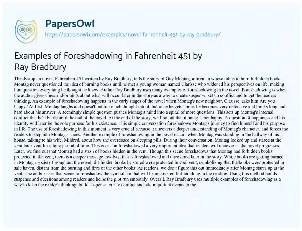Examples of Foreshadowing in Fahrenheit 451 by Ray Bradbury essay