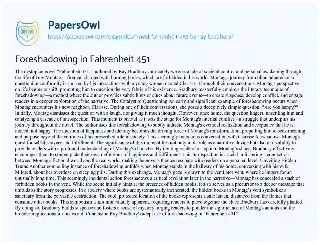 Essay on Examples of Foreshadowing in Fahrenheit 451 by Ray Bradbury