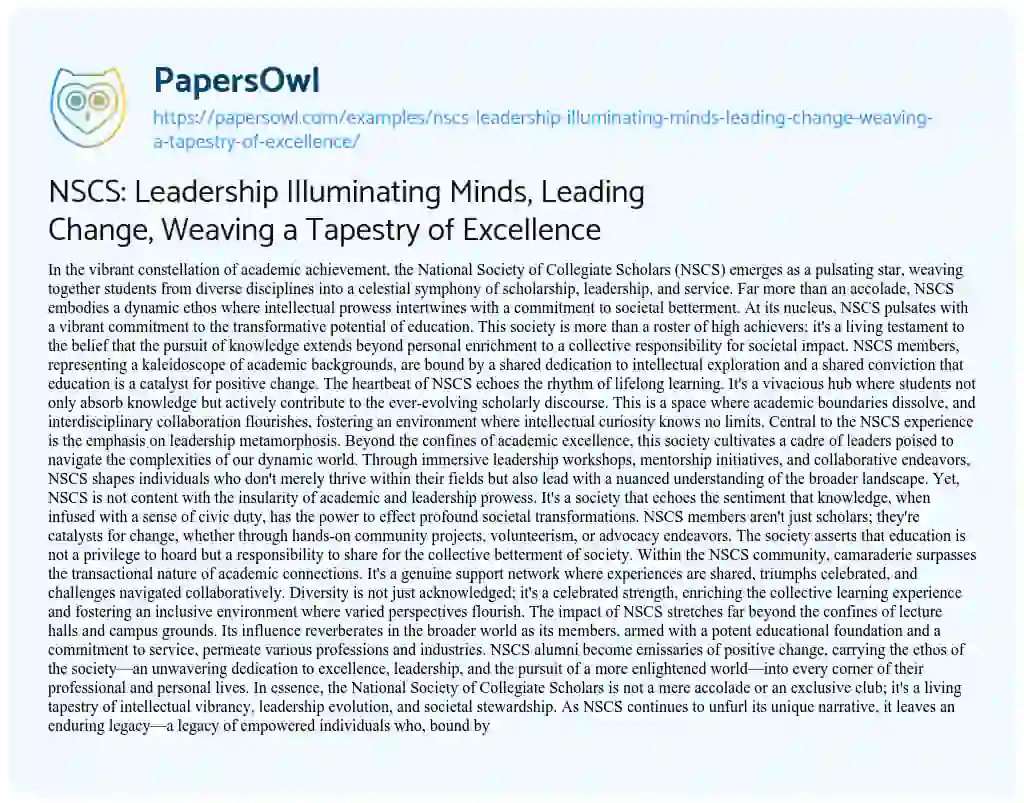 Essay on NSCS: Leadership Illuminating Minds, Leading Change, Weaving a Tapestry of Excellence