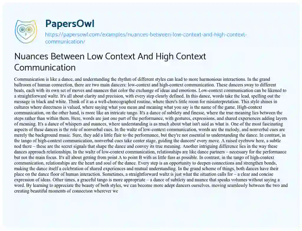 Essay on Nuances between Low Context and High Context Communication
