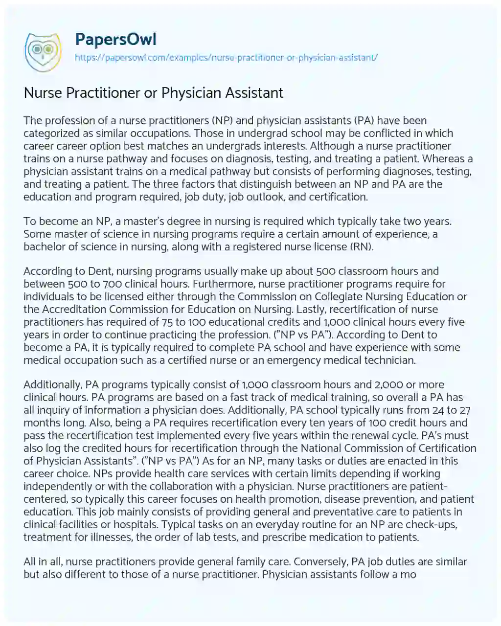 Essay on Nurse Practitioner or Physician Assistant
