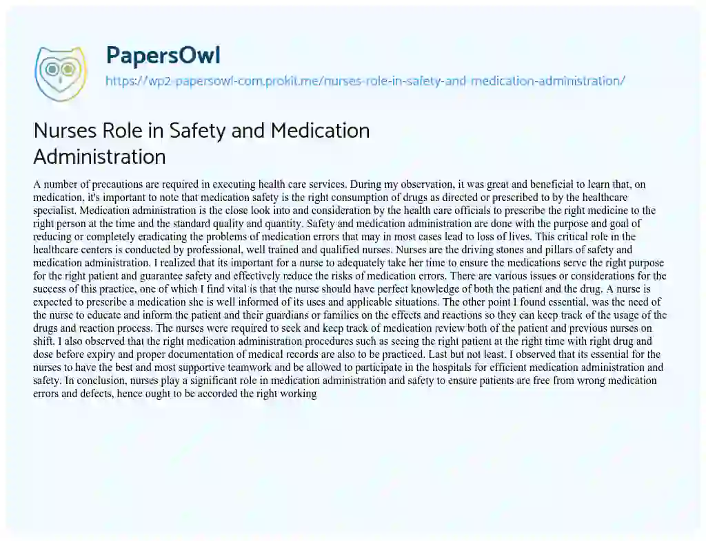Essay on Nurses Role in Safety and Medication Administration