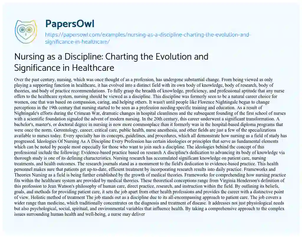 Essay on Nursing as a Discipline: Charting the Evolution and Significance in Healthcare