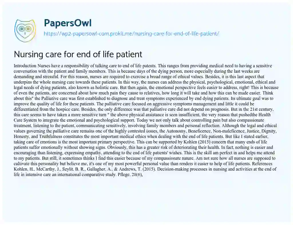 Essay on Nursing Care  for End of Life Patient