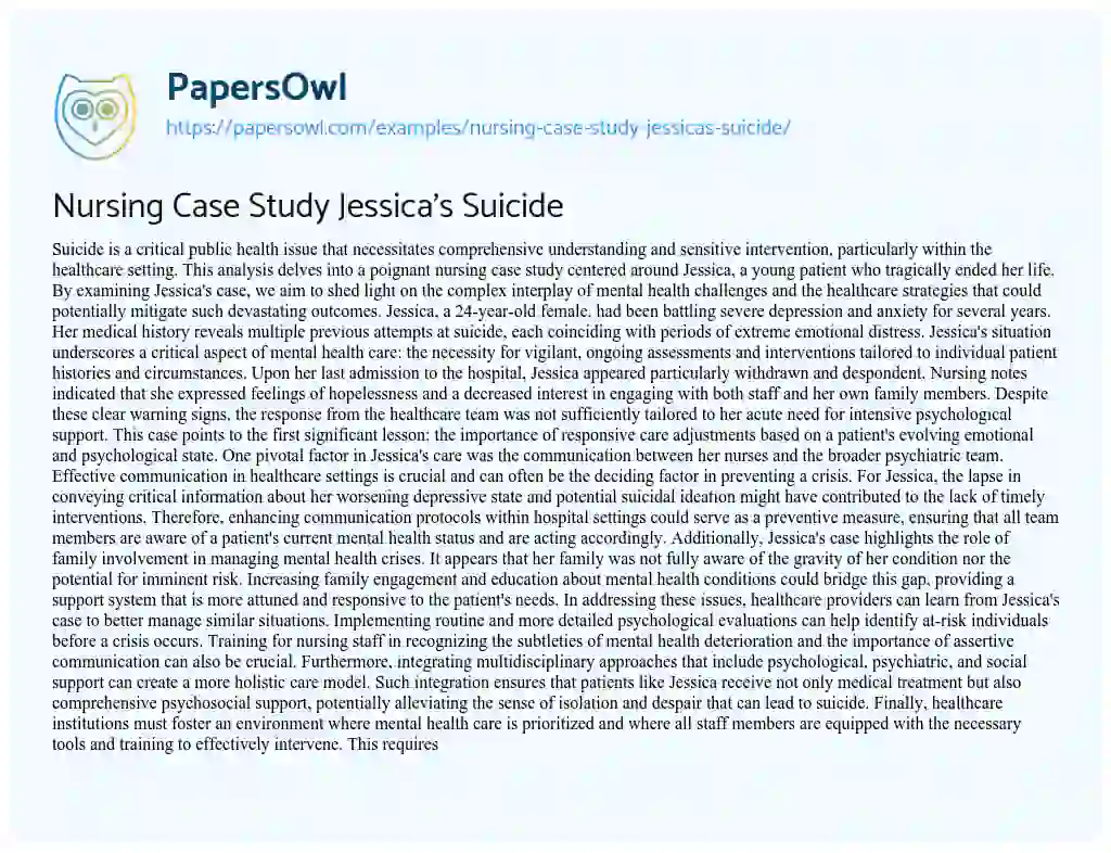 Essay on Nursing Case Study Jessica’s Suicide
