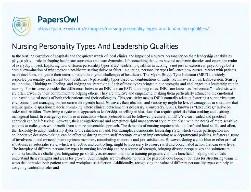 Essay on Nursing Personality Types and Leadership Qualities