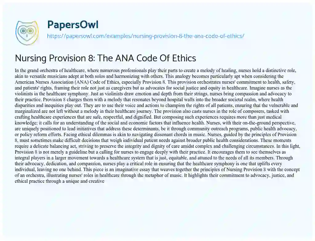 Essay on Nursing Provision 8: the ANA Code of Ethics