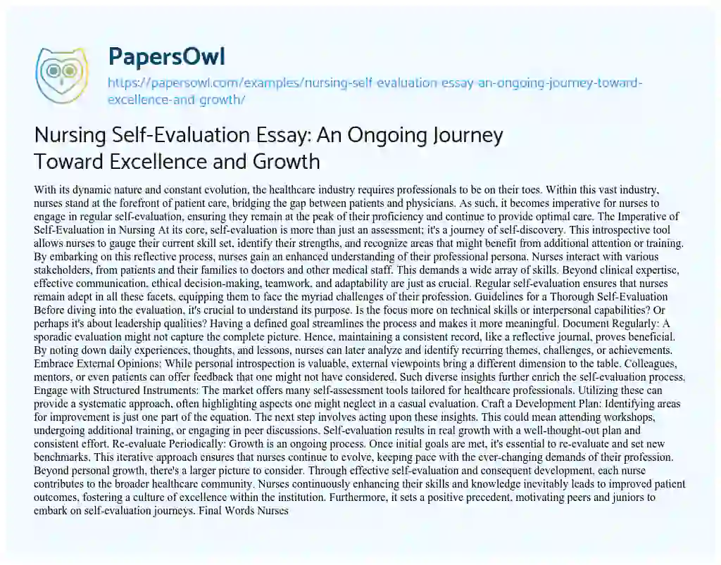 Essay on Nursing Self-Evaluation Essay: an Ongoing Journey Toward Excellence and Growth