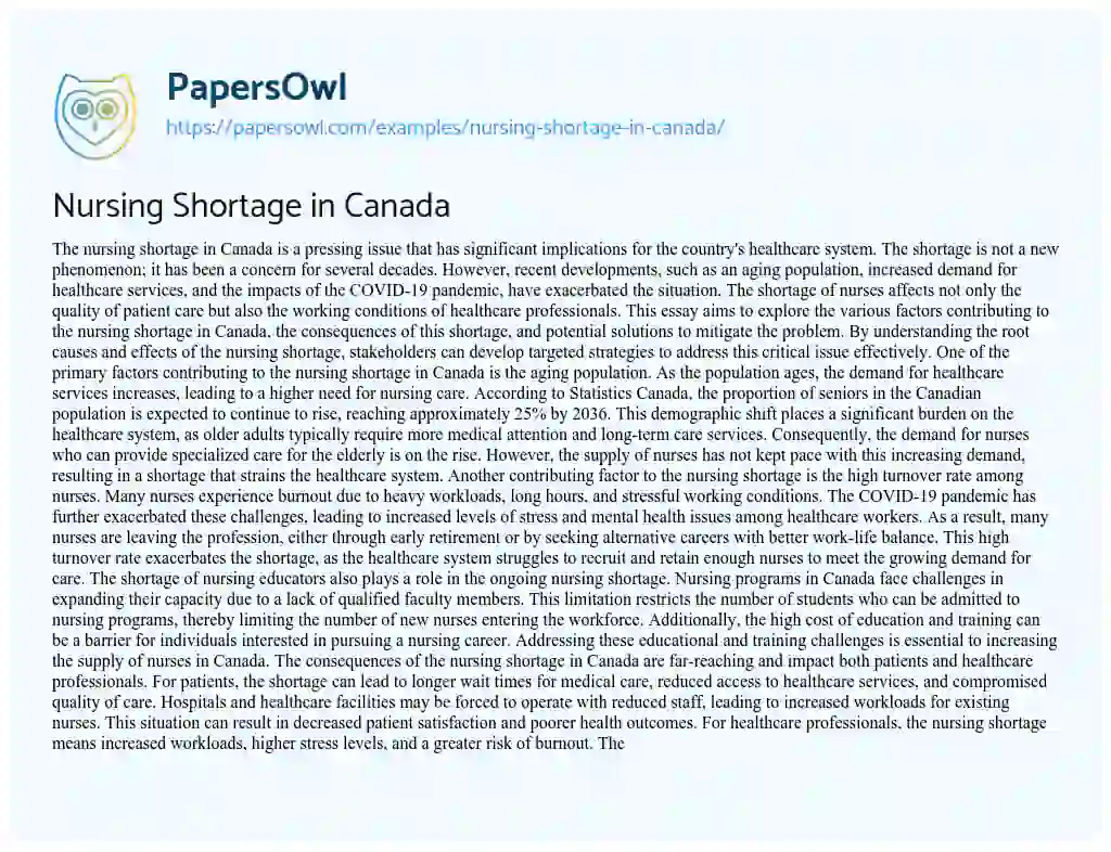 Essay on Nursing Shortage in Canada