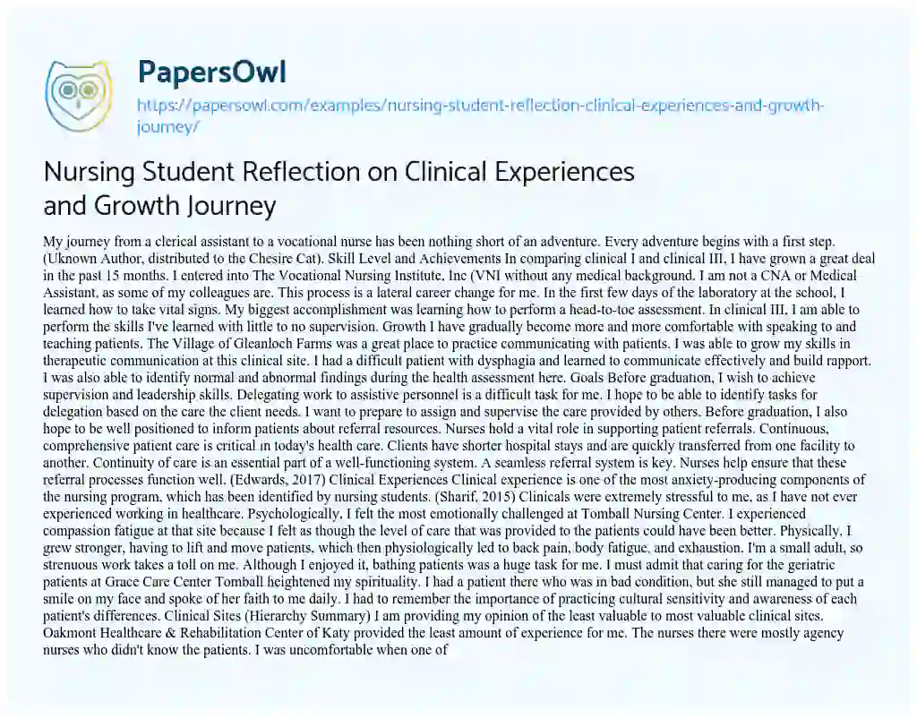 Essay on Nursing Student Reflection on Clinical Experiences and Growth Journey