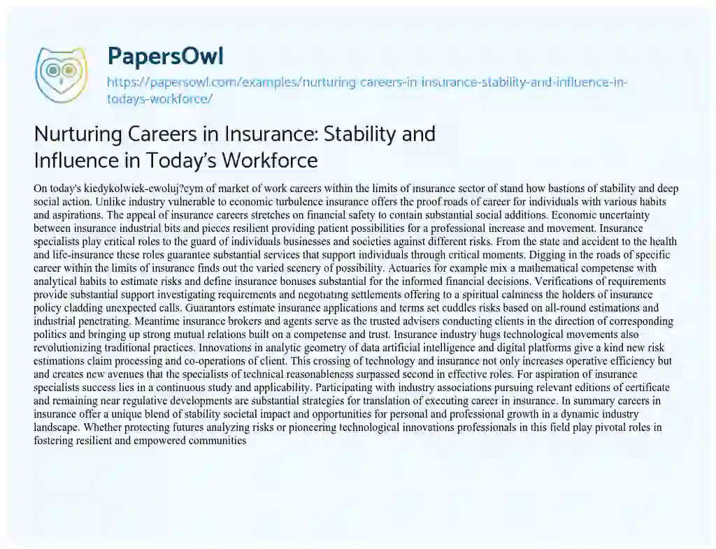 Essay on Nurturing Careers in Insurance: Stability and Influence in Today’s Workforce