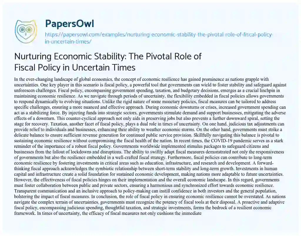 Essay on Nurturing Economic Stability: the Pivotal Role of Fiscal Policy in Uncertain Times