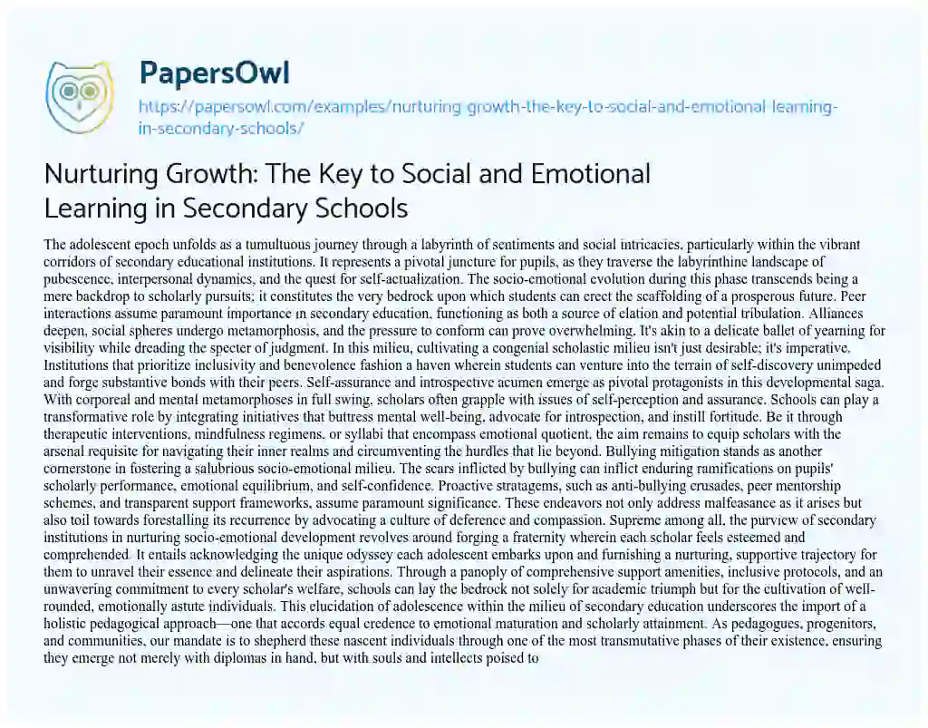 Essay on Nurturing Growth: the Key to Social and Emotional Learning in Secondary Schools