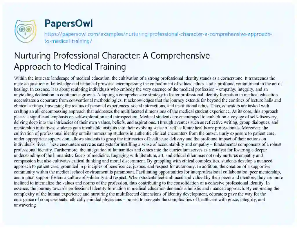 Essay on Nurturing Professional Character: a Comprehensive Approach to Medical Training