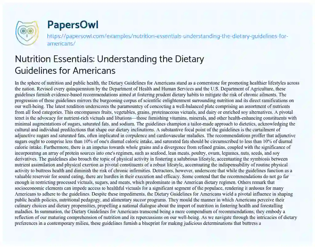 Essay on Nutrition Essentials: Understanding the Dietary Guidelines for Americans