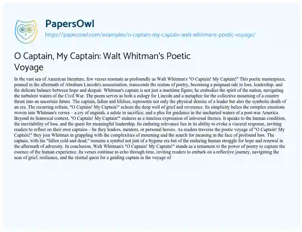 Essay on O Captain, my Captain: Walt Whitman’s Poetic Voyage