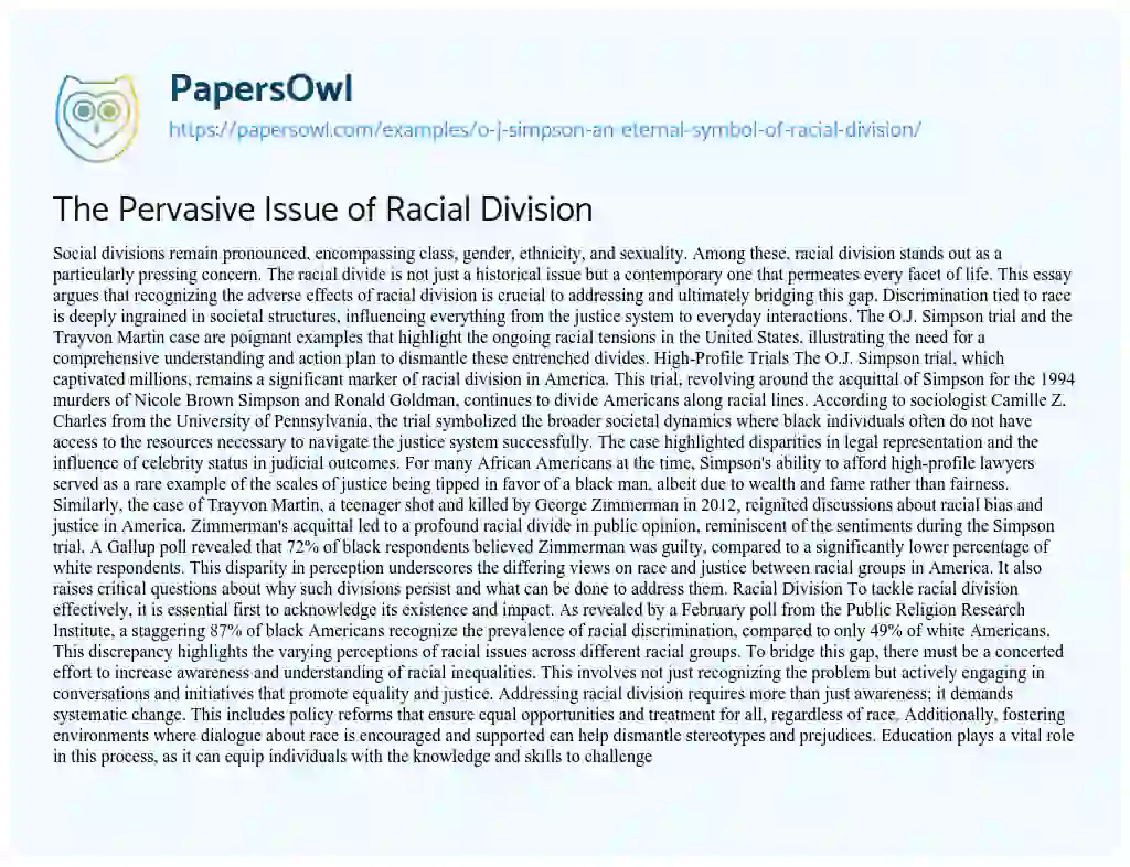 Essay on O.J. Simpson an Eternal Symbol of Racial Division