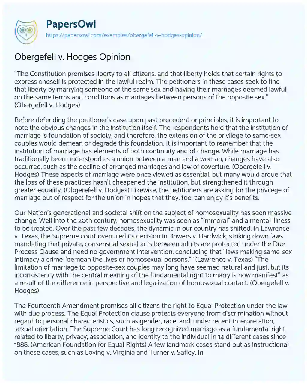 Essay on Obergefell V. Hodges Opinion