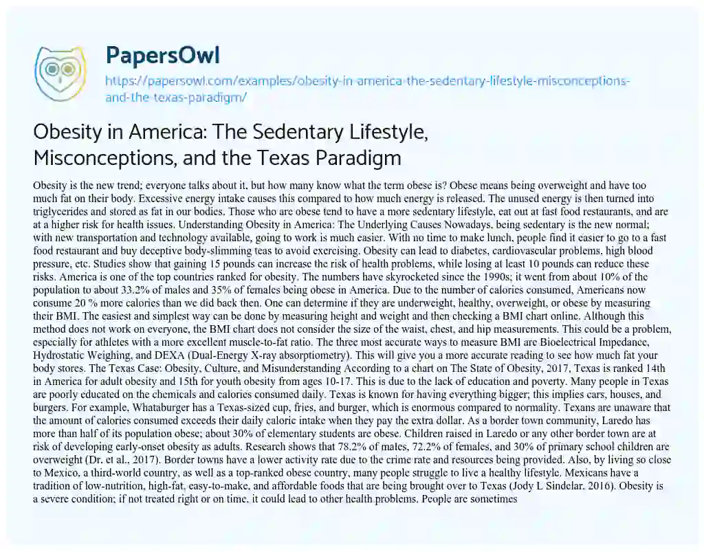 Essay on Obesity in America: the Sedentary Lifestyle, Misconceptions, and the Texas Paradigm