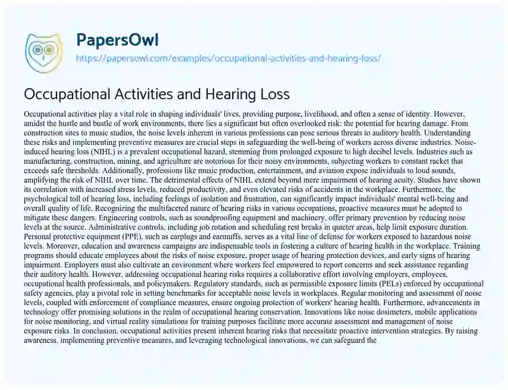 Essay on Occupational Activities and Hearing Loss