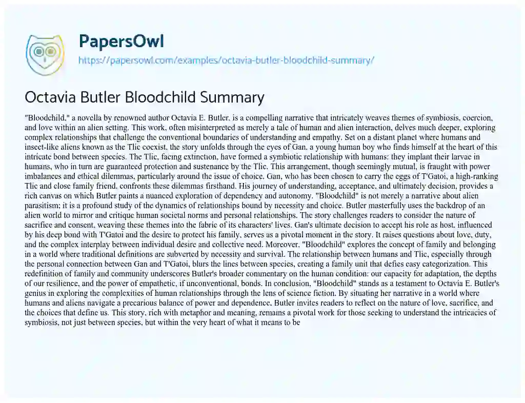 Essay on Octavia Butler Bloodchild Summary