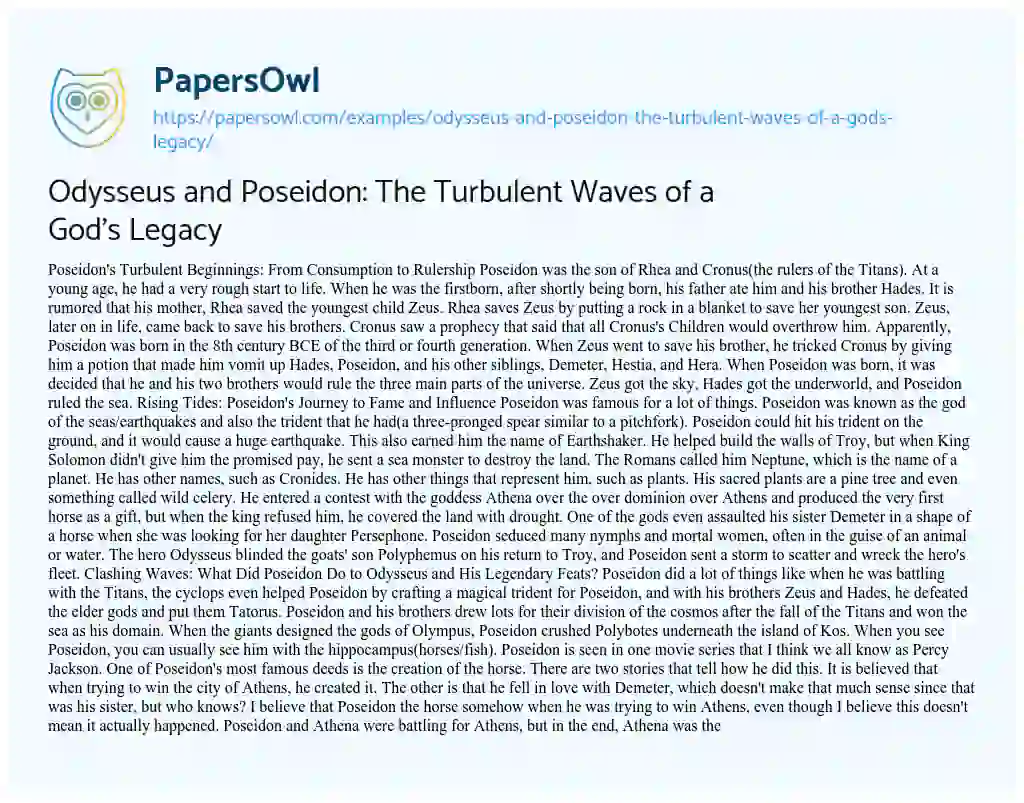 Essay on Odysseus and Poseidon: the Turbulent Waves of a God’s Legacy