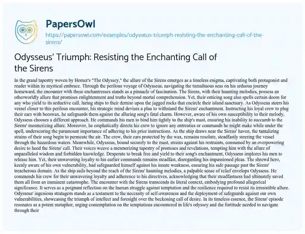 Essay on Odysseus’ Triumph: Resisting the Enchanting Call of the Sirens