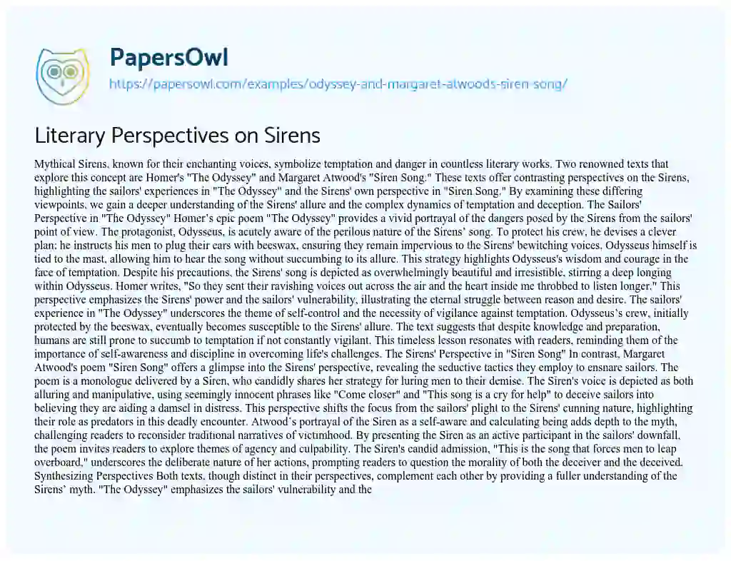 Essay on “Odyssey” and Margaret Atwood’s “Siren Song”