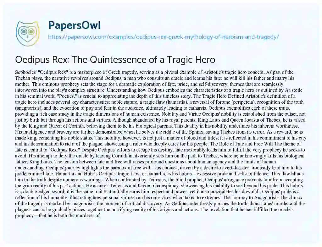 Essay on Oedipus Rex – Greek Mythology of Heroism and Tragedy