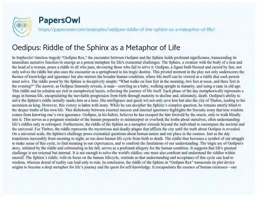 Essay on Oedipus: Riddle of the Sphinx as a Metaphor of Life